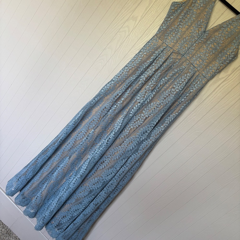 Lulu's Dusty Blue Sleeveless Lace Maxi Dress Eliana Lace V Neck Gown - Picture 8 of 15